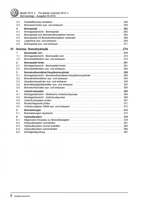 VW Beetle Cabrio 5C 2011-2016 Bremsanlagen Bremsen System Reparaturanleitung PDF