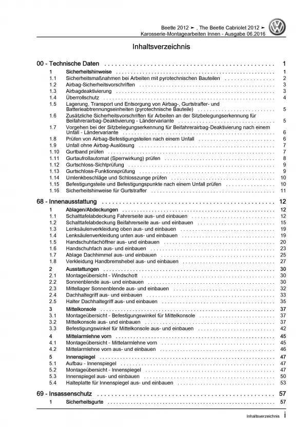 VW Beetle Cabrio 5C (11-16) Karosserie Montage Innen Reparaturanleitung PDF