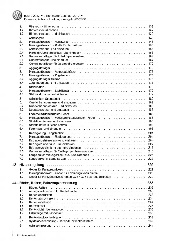 VW Beetle Cabrio Typ 5C 2011-2016 Fahrwerk Achsen Lenkung Reparaturanleitung PDF