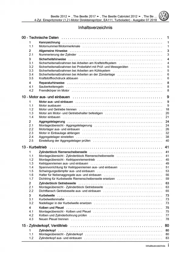 VW Beetle Cabrio 5C (11-16) 4-Zyl. 1,2l Benzinmotor 105 PS Reparaturanleitung
