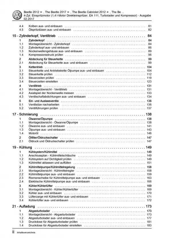 VW Beetle Cabrio 5C 2011-2016 1,4l Benzinmotor 160 PS Reparaturanleitung PDF