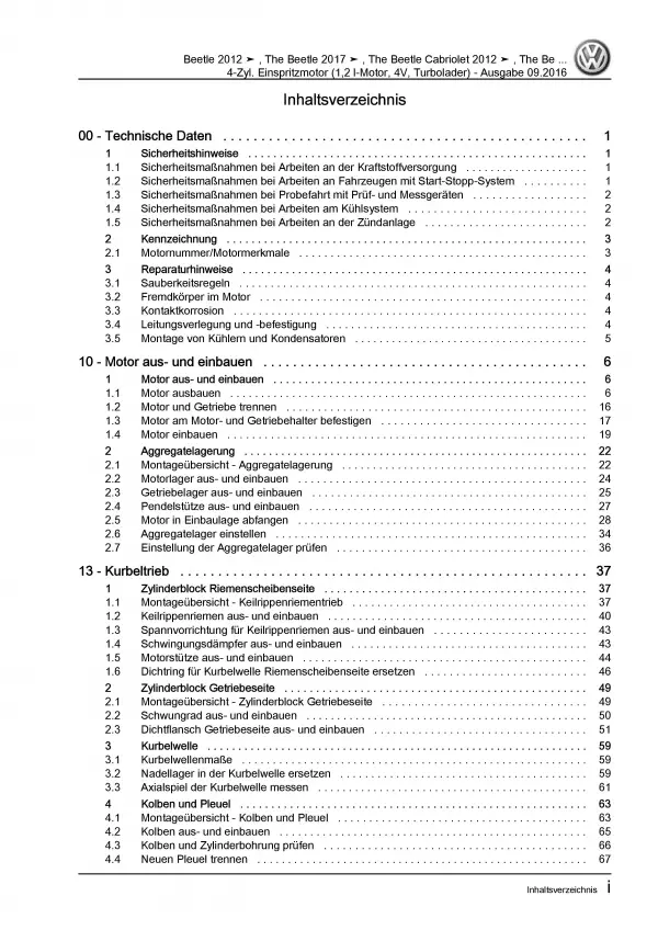 VW Beetle Cabrio 5C 2011-2016 1,2l Benzinmotor 105 PS Reparaturanleitung PDF