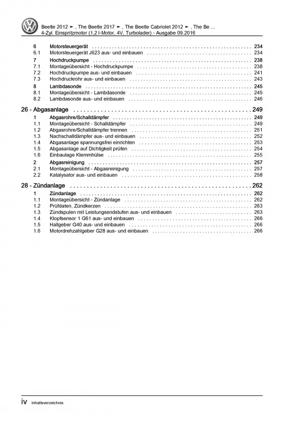 VW Beetle Cabrio 5C 2011-2016 1,2l Benzinmotor 105 PS Reparaturanleitung PDF