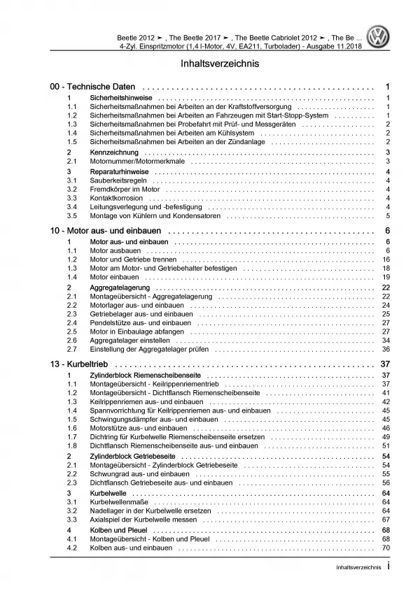 VW Beetle Cabrio 5C 2011-2016 4-Zyl. 1,4l Benzinmotor 150 PS Reparaturanleitung