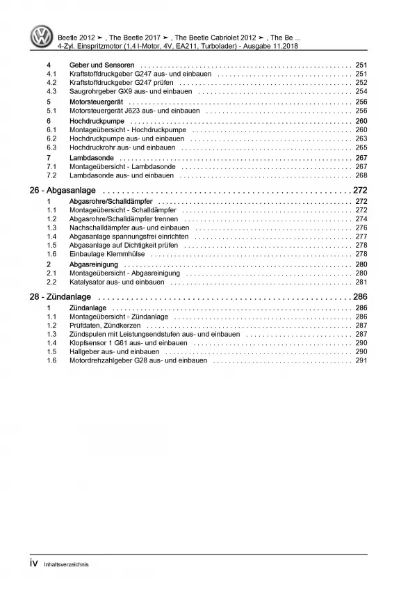 VW Beetle Cabrio 5C 2011-2016 1,4l Benzinmotor 150 PS Reparaturanleitung PDF