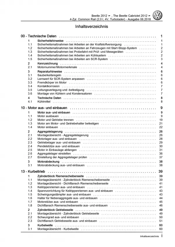 VW Beetle Cabrio 5C 2011-2016 2,0l Dieselmotor 110-150 PS Reparaturanleitung PDF
