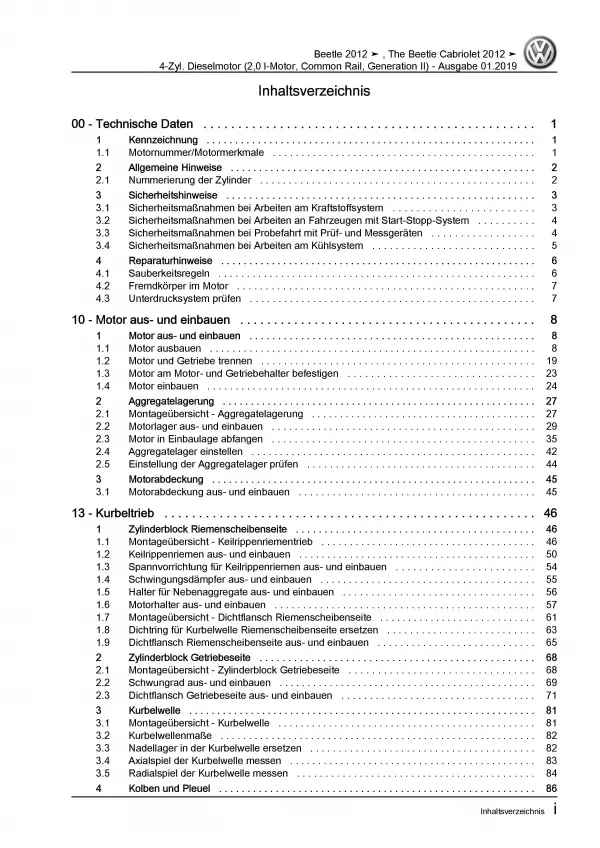 VW Beetle Cabrio 5C 2011-2016 2,0l Dieselmotor 140 PS Reparaturanleitung PDF