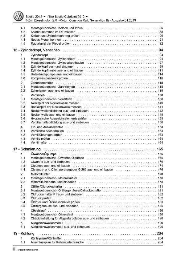 VW Beetle Cabrio 5C 2011-2016 2,0l Dieselmotor 140 PS Reparaturanleitung PDF