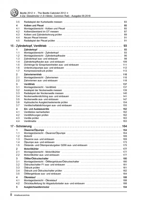 VW Beetle Cabrio 5C 2011-2016 1,6l Dieselmotor 105 PS Reparaturanleitung PDF