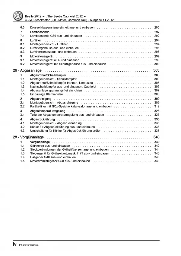 VW Beetle Cabrio 5C 2011-2016 2,0l Dieselmotor 140 PS Reparaturanleitung PDF