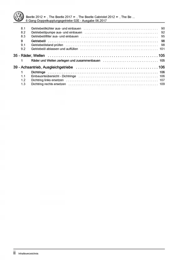 VW Beetle Cabrio NBC 6 Gang Automatikgetriebe DKG 02E Reparaturanleitung PDF