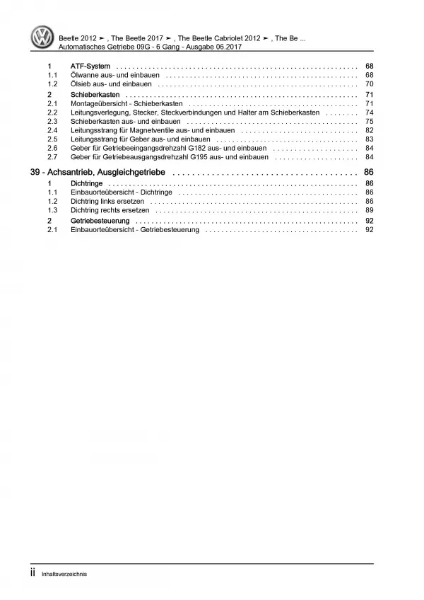 VW Beetle Cabrio NBC 2016-2019 6 Gang Automatikgetriebe 09G Reparaturanleitung