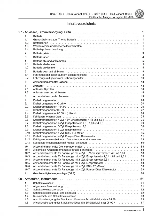 VW Bora 1J 1998-2006 Elektrische Anlage Elektrik Systeme Reparaturanleitung PDF