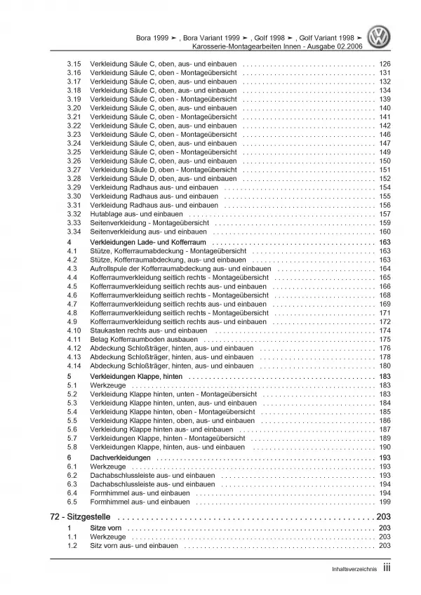 VW Bora Typ 1J 1998-2006 Karosserie Montagearbeiten Innen Reparaturanleitung PDF