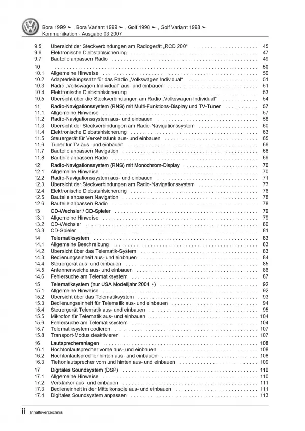 VW Bora Typ 1J 1998-2006 Radio Navigation Kommunikation Reparaturanleitung PDF