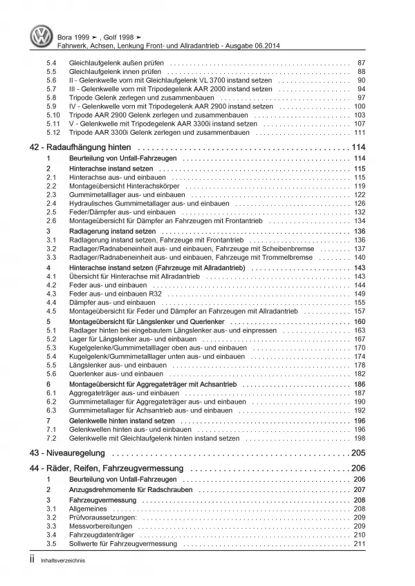 VW Bora Typ 1J 1998-2006 Fahrwerk Achsen Lenkung FWD AWD Reparaturanleitung PDF