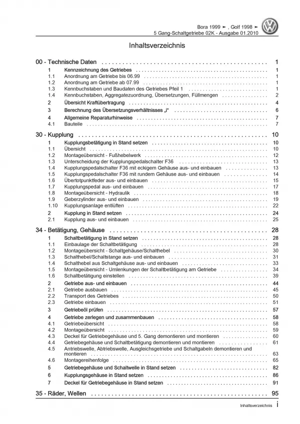 VW Bora Typ 1J (98-06) 5 Gang Schaltgetriebe Kupplung 02K Reparaturanleitung PDF