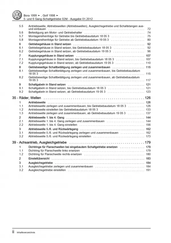 VW Bora 1J 1998-2006 5-6 Gang Schaltgetriebe 02M Kupplung Reparaturanleitung PDF