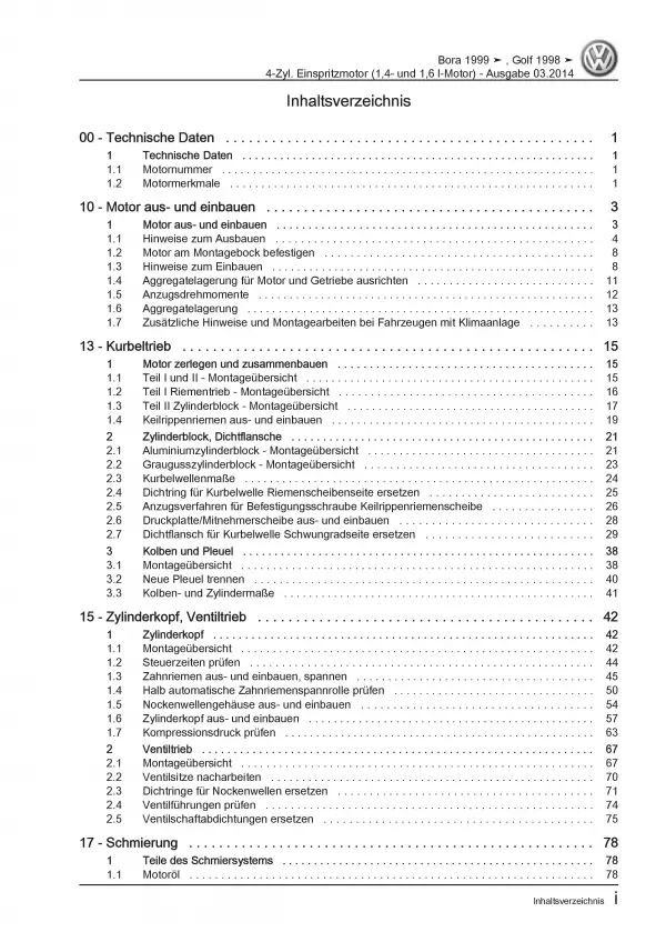 VW Bora 1J (98-06) 4-Zyl. 1,4l 1,6l Benzinmotor 75-105 PS Reparaturanleitung PDF