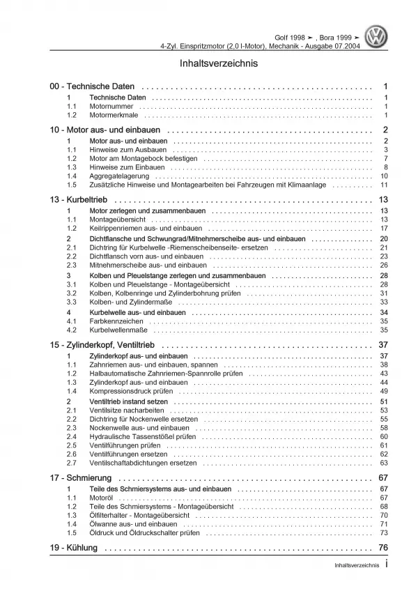 VW Bora 1J 1998-2006 4-Zyl. 2,0l Benzin 115 PS Mechanik Reparaturanleitung PDF