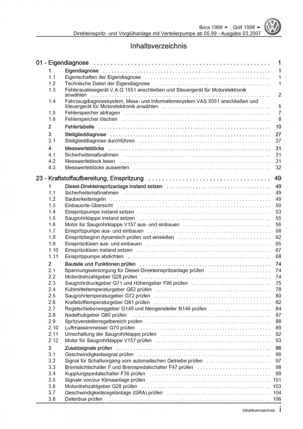 VW Bora 1J 1999-2006 Direkteinspritz- Vorglühanlage 1,9l Reparaturanleitung PDF