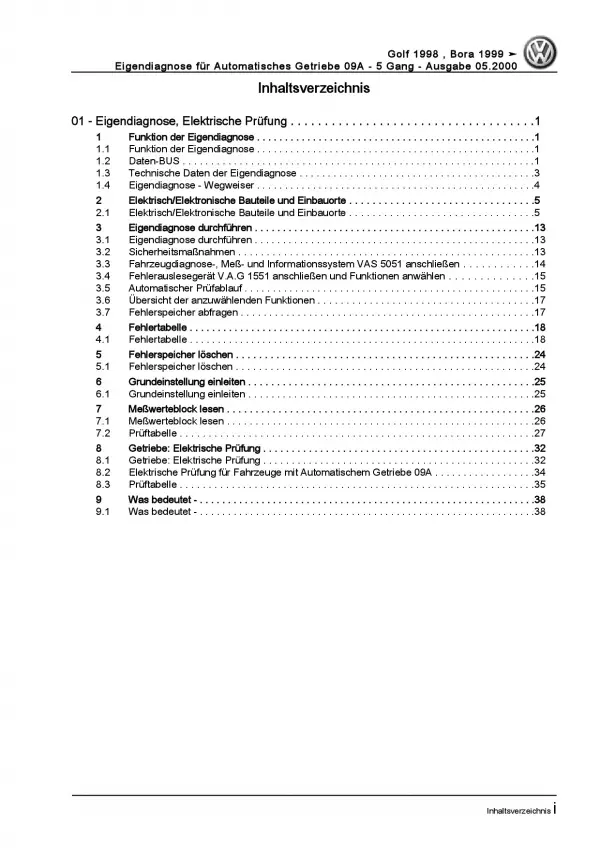 VW Bora Typ 1J 1998-2006 Eigendiagnose Automatikgetriebe 09A Reparaturanleitung