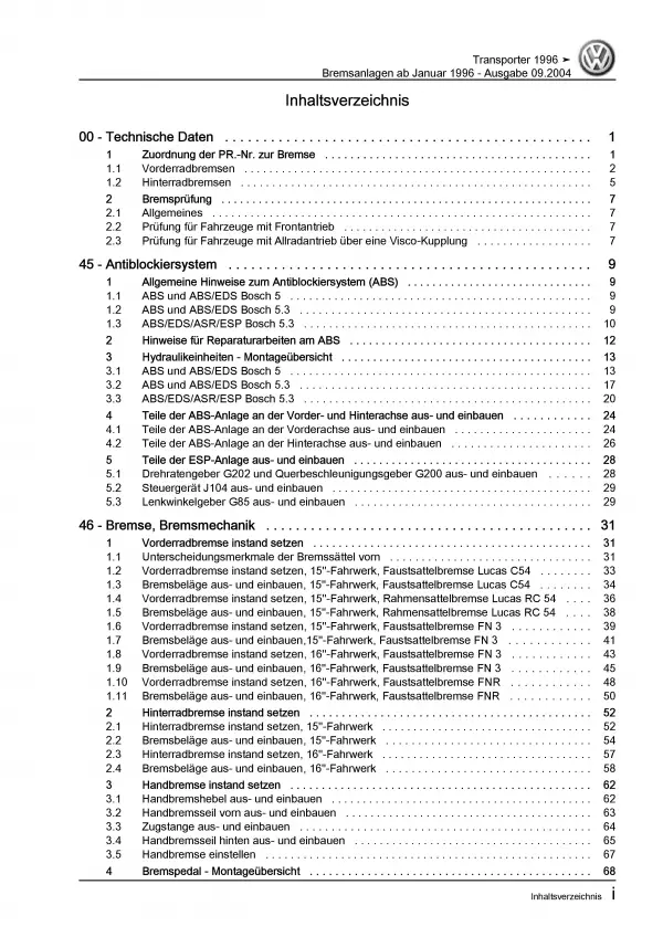 VW Transporter T4 1996-2003 Bremsanlagen Bremsen System Reparaturanleitung PDF