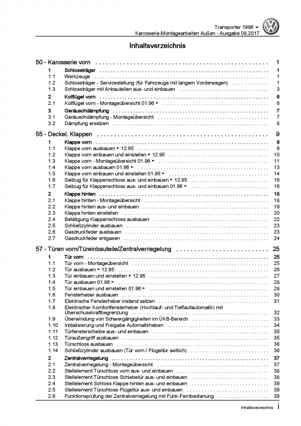 VW Bus T4 1996-2003 Karosserie Montagearbeiten Außen Reparaturanleitung PDF