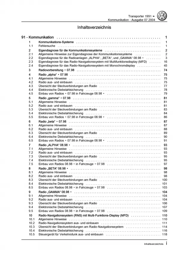 VW Transporter T4 (90-03) Radio Navigation Kommunikation Reparaturanleitung PDF