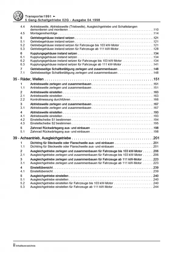 VW Transporter T4 1990-2003 5 Gang Schaltgetriebe 02G Reparaturanleitung PDF