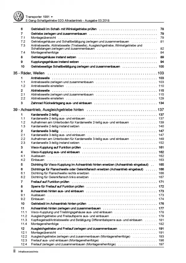 VW Transporter T4 (90-03) 5 Gang Schaltgetriebe 02G 4WD Reparaturanleitung PDF