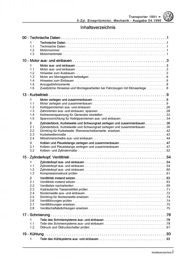 VW Bus T4 (90-03) 5-Zyl. 2,5l Benzin 110-115 PS Mechanik Reparaturanleitung PDF