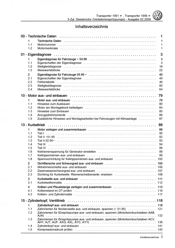 VW Transporter T4 (90-03) 2,5l Dieselmotor TDI 75-150 PS Reparaturanleitung PDF