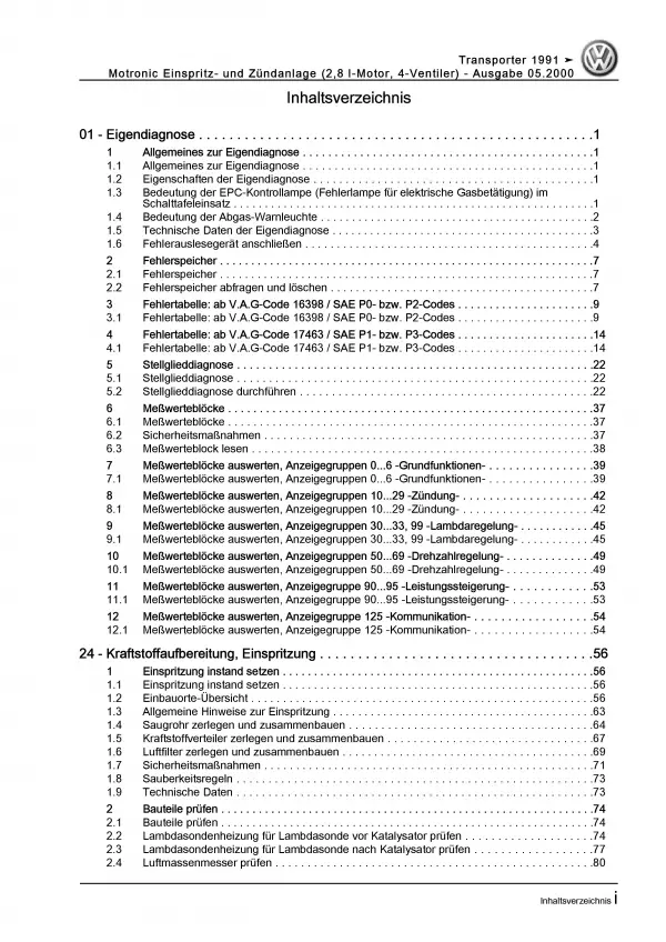 VW Bus T4 1990-2003 Motronic Einspritz- Zündanlage 204 PS Reparaturanleitung PDF