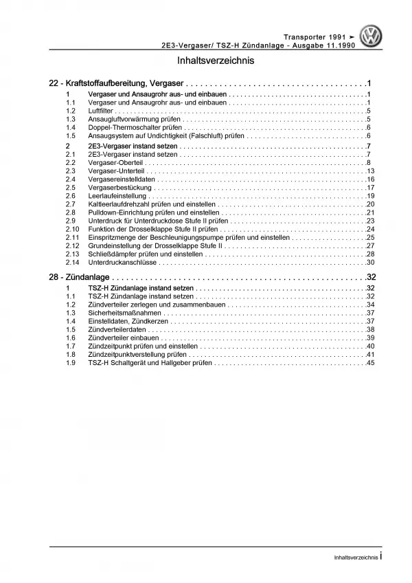 VW Transporter T4 (90-03) 2E3-Vergaser TSZ-H Zündanlage Reparaturanleitung PDF