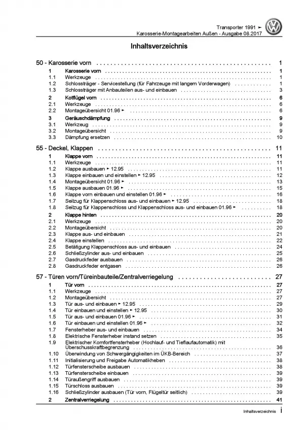 VW Transporter T4 1990-1995 Karosserie Montage Außen Reparaturanleitung PDF