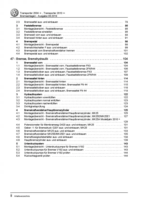 VW Transporter T5 2003-2015 Bremsanlagen Bremsen System Reparaturanleitung PDF