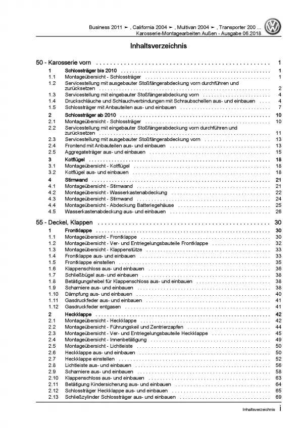 VW Transporter T5 2003-2015 Karosserie Montage Außen Reparaturanleitung PDF