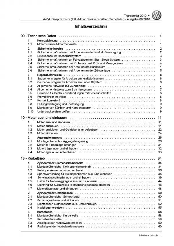 VW Transporter T5 2009-2015 2,0l Benzinmotor 150-204 PS Reparaturanleitung PDF