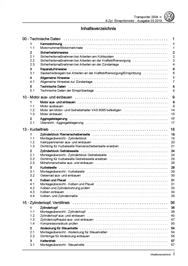 VW Transporter T5 (03-15) 6-Zyl. 3,2l Benzinmotor 235 PS Reparaturanleitung PDF