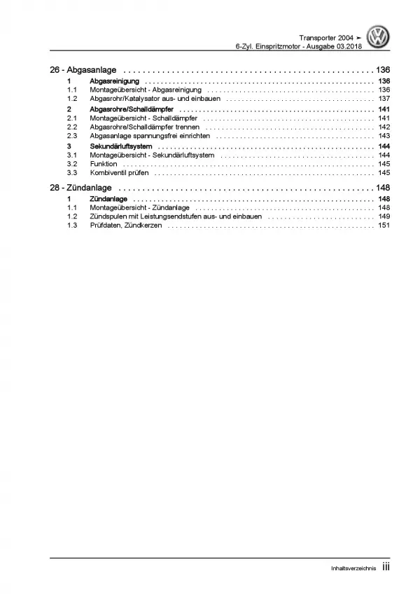 VW Transporter T5 2003-2015 6-Zyl. 3,2l Benzinmotor 235 PS Reparaturanleitung