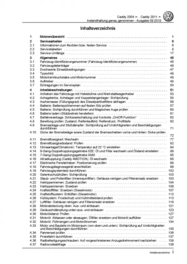 VW Caddy Typ 2K/2C (10-15) Instandhaltung Inspektion Wartung Reparaturanleitung