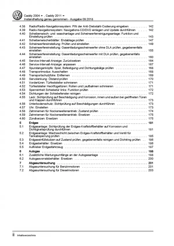 VW Caddy Typ 2K/2C (10-15) Instandhaltung Inspektion Wartung Reparaturanleitung