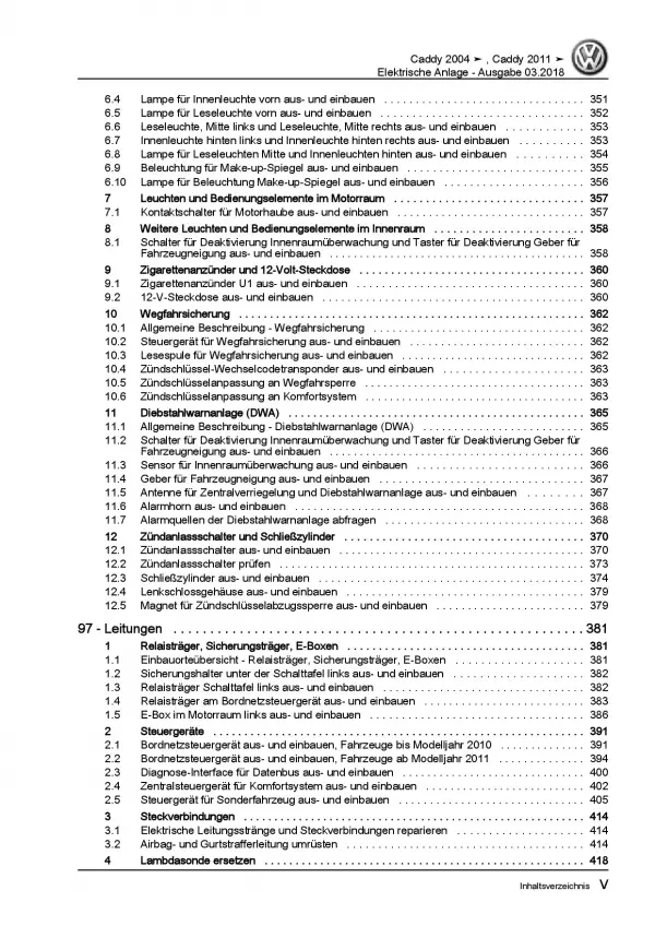 VW Caddy 2K/2C (10-15) Elektrische Anlage Elektrik Systeme Reparaturanleitung