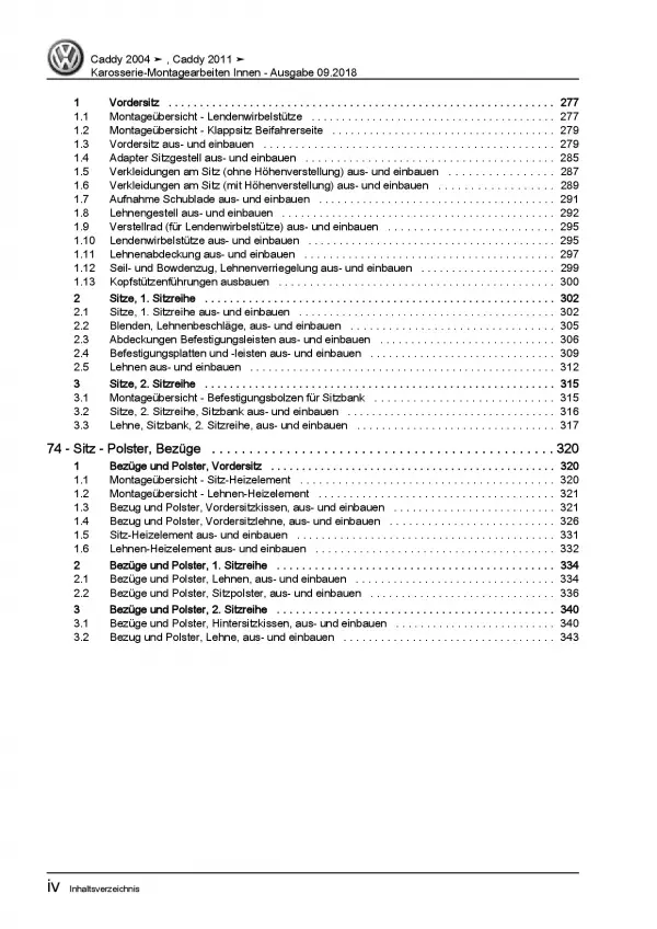 VW Caddy 2K/2C 2010-2015 Karosserie Montagearbeiten Innen Reparaturanleitung PDF