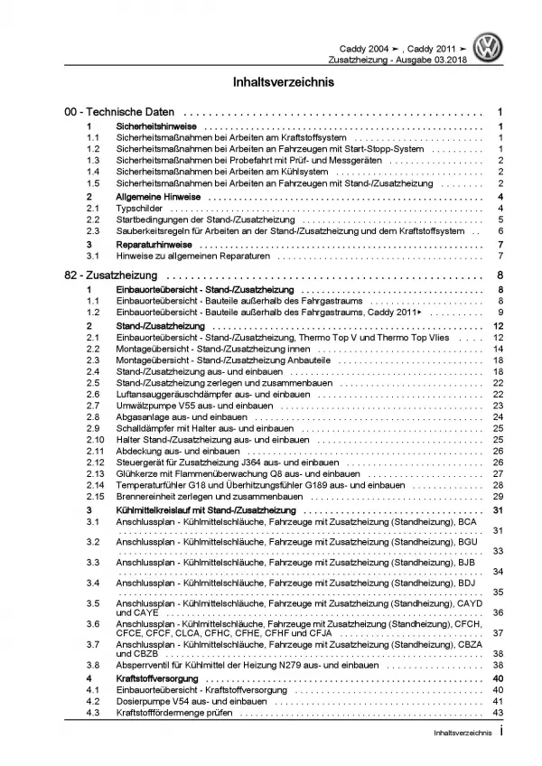 VW Caddy Typ 2K/2C 2010-2015 Standheizung Zusatzheizung Reparaturanleitung