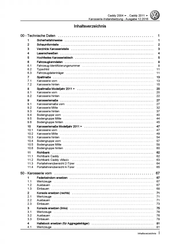 VW Caddy 2K/2C 2010-2015 Karosserie Unfall Instandsetzung Reparaturanleitung PDF