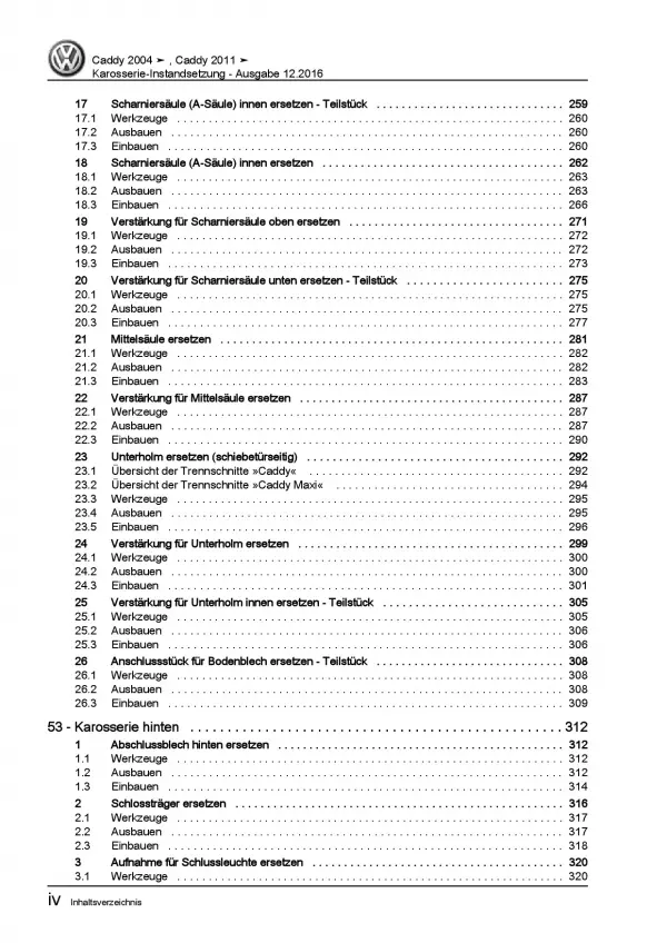 VW Caddy 2K/2C 2010-2015 Karosserie Unfall Instandsetzung Reparaturanleitung PDF