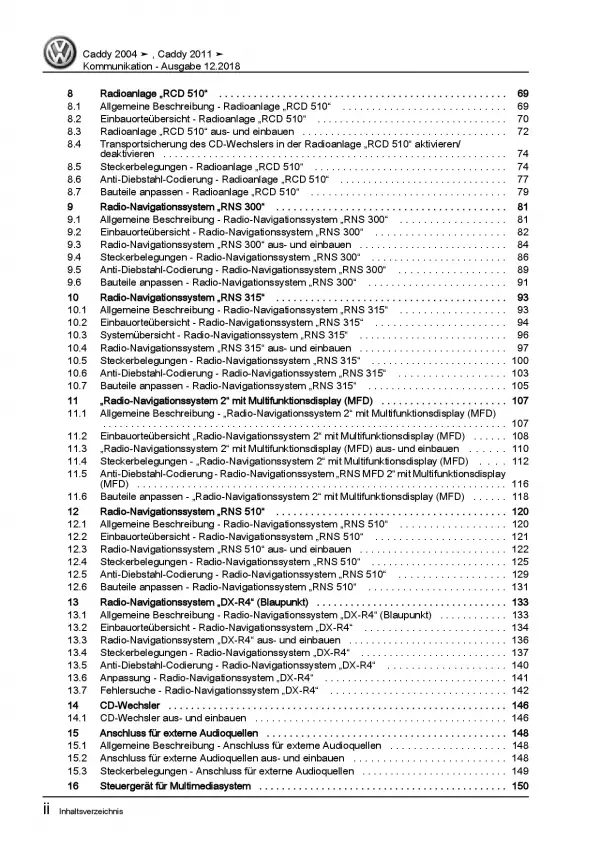 VW Caddy Typ 2K/2C 2010-2015 Radio Navigation Kommunikation Reparaturanleitung