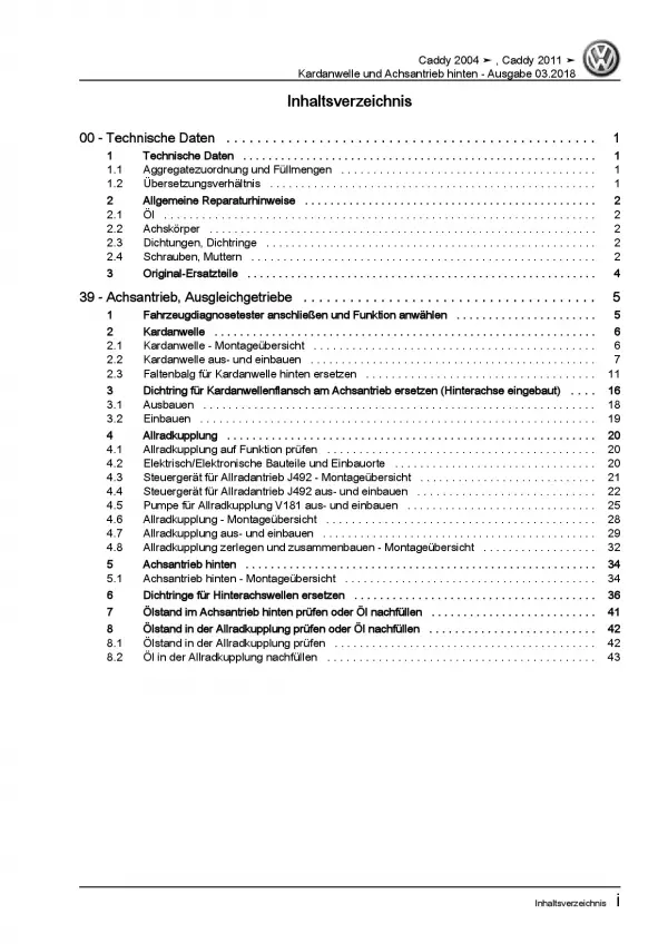 VW Caddy 2K/2C 2010-2015 Kardanwelle Achsantrieb hinten Reparaturanleitung PDF